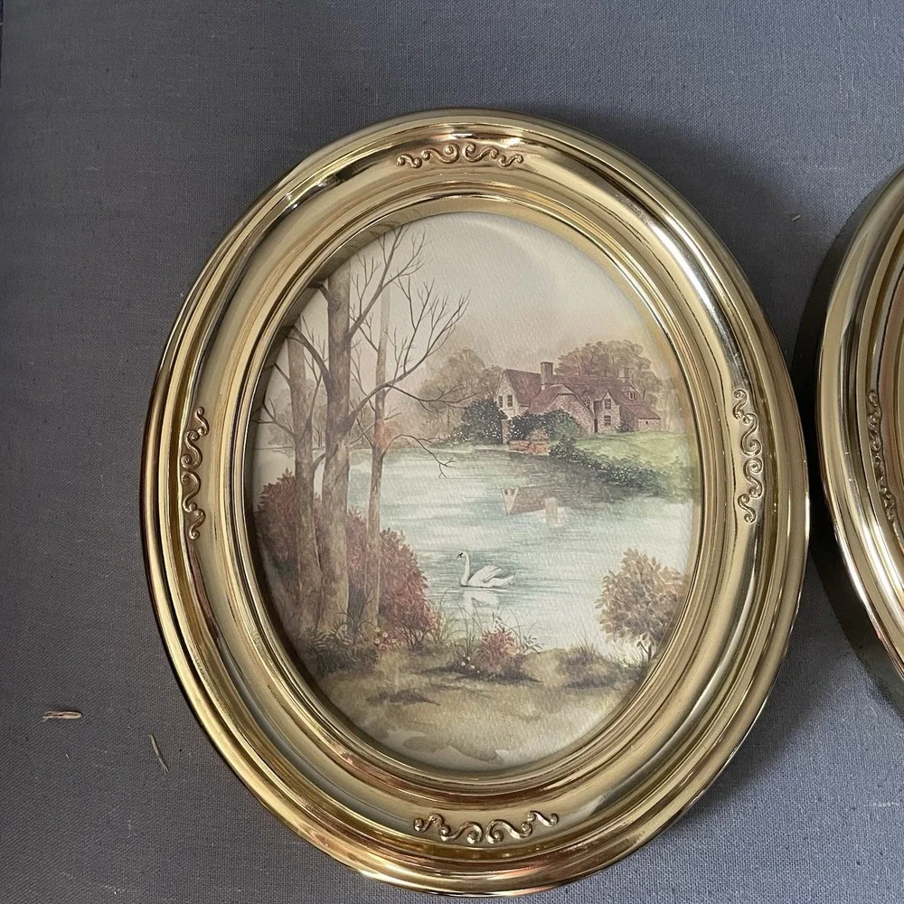 Vintage HomCo F. Massa Countryside Prints Set of 2, 1983 Oval Gold Framed Art